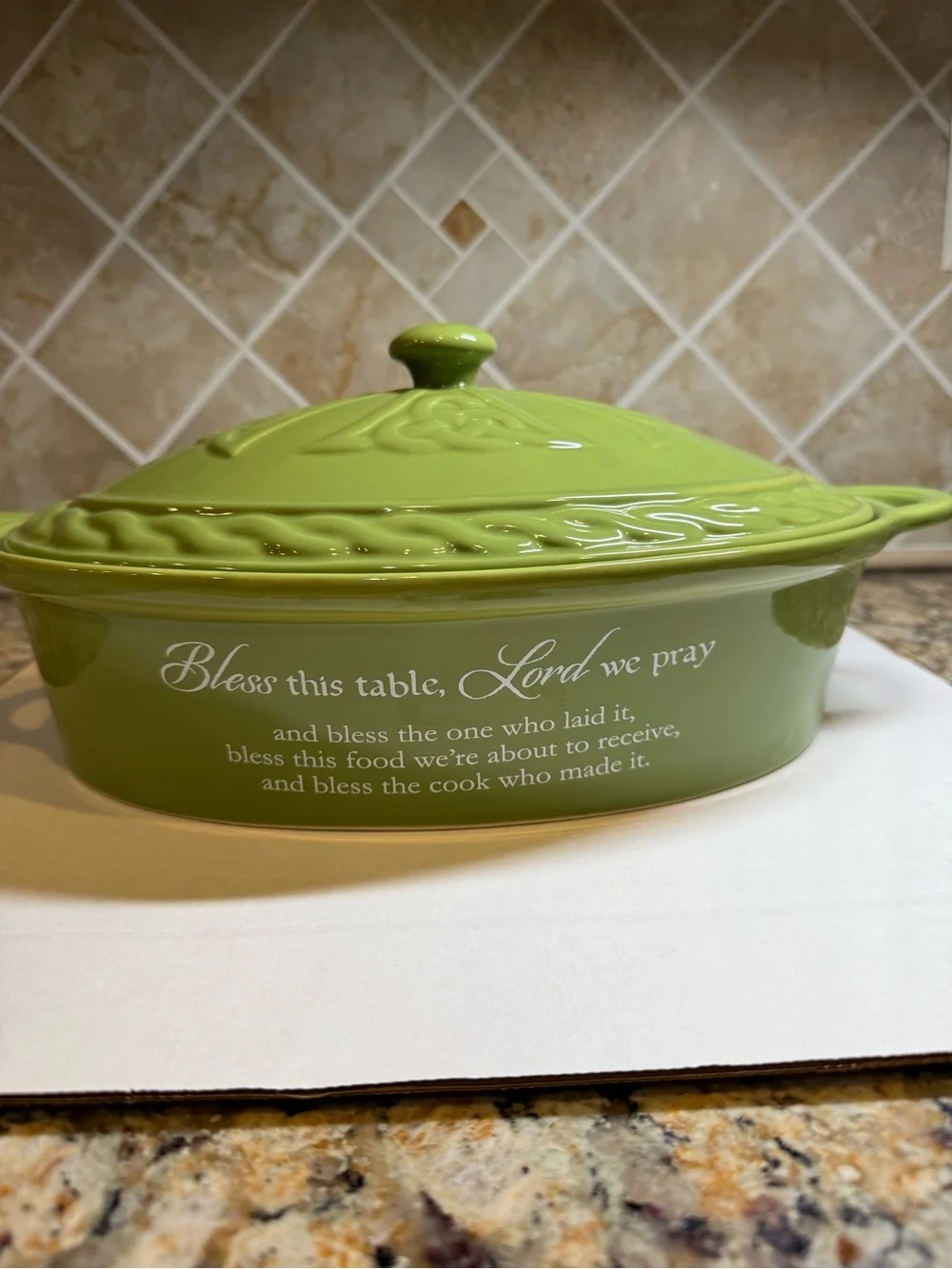 Abbey Press Olive Green Ceramic Covered Casserole Dish Bless This Table Oval.